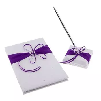 3pcs Set Satin Crystal Guest Book Pen and Pen Stand Wedding Reception Purple