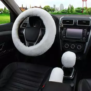 3Pcs/set Solid Soft Warm Long Wool Fuzzy Steering Wheel Cover Woolen Handbrake Car Accessory Sheep Fur Plush Protector Cover Kit чёрный