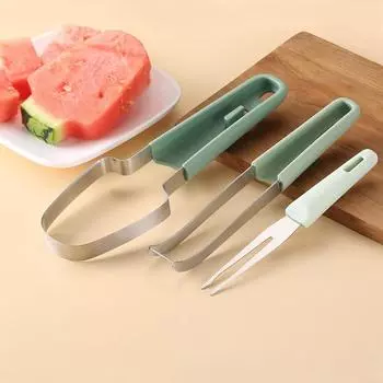 3pcs/Set Watermelon Cutting Tool Kitchen Gadgets Supplies Stainless Steel Slicing Tool Melon Cutter Slicer Tool Knife Fruit Fork зелёный