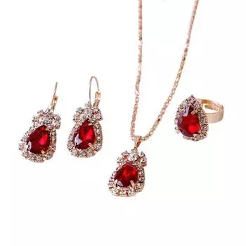 3Pcs/Set Women Water Drop Bright Alloy Rhinestone Pendant Necklace Earrings Ring Jewelry Set for Valentine Day ARI красный