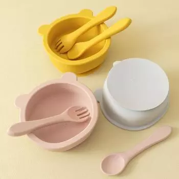 3PCS Silicone Baby Tableware Cute Cartoon Bear Bowl Suction Lunch Box Soft Spoon Fork Feeding Training Dinner Set Baby Meal Tray
