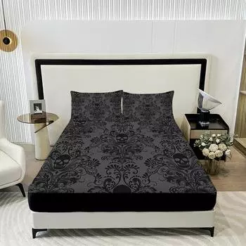 3Pcs Skull Flower Bed Sheet Set With Flower Skull Pattern, Includes 1 Fitted Sheet And 2 Pillowcases, Suitable For All Seasons ustwin 99x190cm