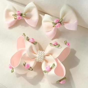 3pcs Sweet Flower Ribbon Bowknot Hair Clips Embroidery Flower Hairpin Fashion Pearl Barrettes Children Headwear Hair Accessories