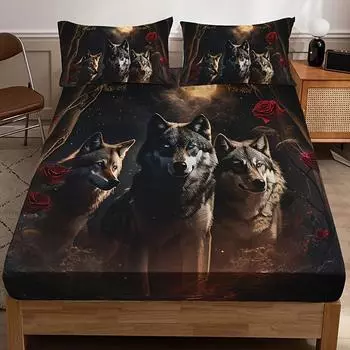 3 предмета Ультрамягкий 3D Постельный комплект Волк Роза - Гипоаллергенная Простыня на резинке и Наволочки, Прочный Защитный чехол для матраса, Модный US Queen228x228cm
