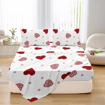 3Pcs Valentine S Day Heart Print Bed Canopy Pillowcase Set Romantic Love Theme Red Heart Design Fitted Sheet Suitable For Girls 90x200cm