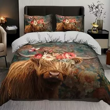 3pcs Vintage Duvet Cover Set, Rustic Pastoral Style Highland Cow Pattern Bedding Set, Soft Comfortable Breathable Duvet Cover Eu Single135x200cm