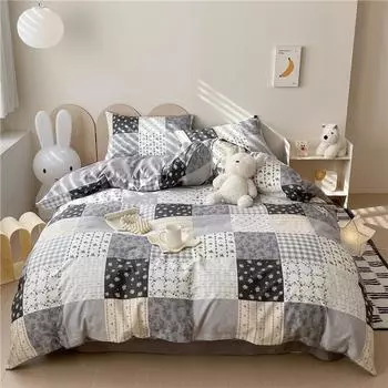 3Pcs Vintage Floral Plaid Pattern Duvet Cover Set 100% Cotton Ultra Soft Comforter Cover with Zipper Flowers Queen Bedding Set 155x210cm Single 3Pc