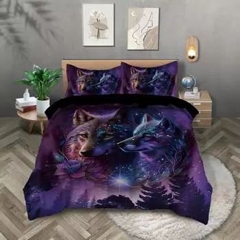 3pcs Wolf at night pattern printed bedding set, 1*duvet cover+2*pillowcase, suitable for king bed, single bed for all seasons 135x200cm-EU-Single