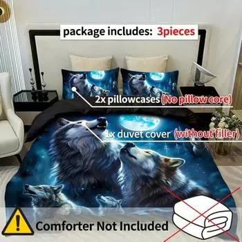 3pcs Wolf Roaring Moon Duvet Set Soft Fabric 100%polyester 1Duvet Cover 2 Pillowcases Without Pillow Core EUsingle135x200cm