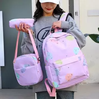 3pcs Women Travel Schoolbag with Lunch Box Pencil Case Large Capacity College Knapsack Student Bookbag Cartoon Pattern Backpacks белый