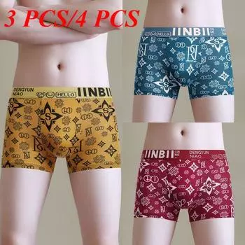 3шт/4шт дышащий Ice Silk мужское сексуальное нижнее белье сексуальные шорты U выпуклый мешочек мягкие боксеры трусы плавки трусы с низкой посадкой молодежные трусы L синий/жёлтый