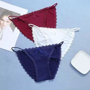 3шт бесшовные женские сексуальные кружевные трусики шелковое белье девушки милые трусы с бантом M