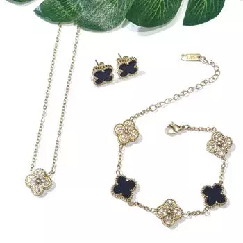 3шт. Браслет из нержавеющей стали с бриллиантами и клевером, набор из пяти акриловых цветов с клевером на удачу, ожерелье и гвоздики для ушей белый