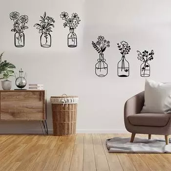 3шт Черная цветочная настенная скульптура Металлическая ваза с цветами Роза и тюльпан Проволока Домашний декор Настенное искусство