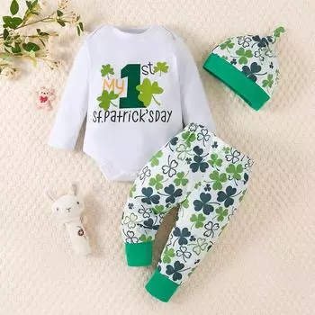 3шт. Детский Мой первый день рождения . Комплект из боди с длинными рукавами и брюками с принтом «День Патрика» и шляпы 1-3M