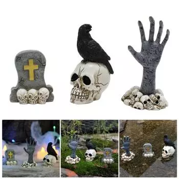 3шт Хэллоуин садовые украшения жуткий ворона череп призрак руки надгробия скульптуры готический скелет фигурка для внутреннего и наружного украшения