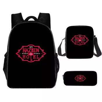 3шт Хазбин Отель Рюкзак Студенческая сумка на плечо Путешествия Рюкзак для ноутбука Подарок One Size чёрный