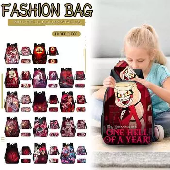 3шт Хазбин Отель Рюкзак Студенческая сумка на плечо Путешествия Рюкзак для ноутбука Подарок One Size чёрный