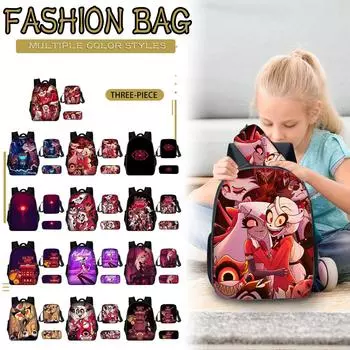 3шт Хазбин Отель Рюкзак Студенческая сумка на плечо Путешествия Рюкзак для ноутбука Подарок One Size фиолетовый