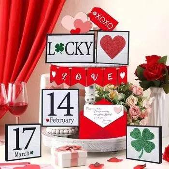 3шт/комплект двусторонний День святого Валентина St. Настольная табличка ко Дню Святого Патрика, деревенская двухсторонняя, с изображением сердечка и клевера, деревянный многоярусный поднос, центральный элемент стола 3pcs