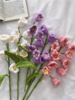 3шт крючком цветы ручной работы вязание 5 головок ландыша искусственные плетеные цветы со стеблями для подарков на День святого Валентина для дома, свадьбы, вечеринки, офиса 3pcs белый