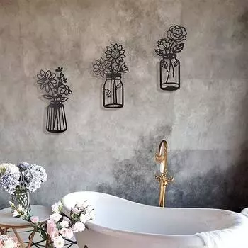 3шт Подсолнечник Дикая Хризантема Роза Украшение Стены Металлическая Ваза Для Цветов Художественный Подвесной Знак 3PCS