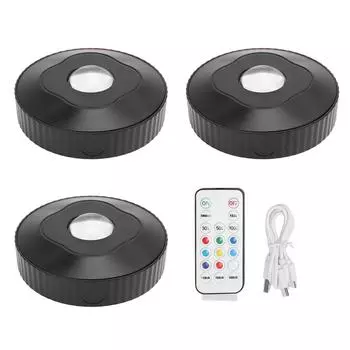 3шт RGB цветной шайба свет на батарейках USB перезаряжаемый подсветка под шкафом с пультом дистанционного управления