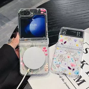 3шт складной противоударный чехол для Samsung Z Flip6 Flip5 Flip4 для Magsafe магнитный красивый цветочный узор прозрачный жесткий тонкий чехол для ПК Samsung Z Flip6