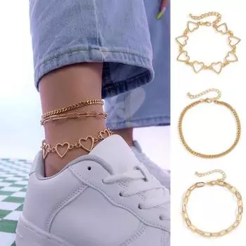 3шт женские ножные браслеты многослойные сердце хип-хоп вырезы браслеты для ног пляжная одежда серебряный