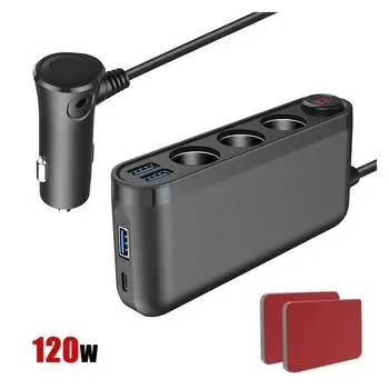3USB QC3.0 быстрая зарядка + PD 120 Вт автомобильное зарядное устройство 3 в 1 прикуриватель чёрный