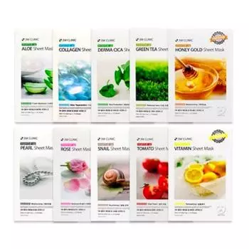 3W CLINIC Essential Up Тканевая маска 25 мл x 10 листов (10 вариантов) #GREEN TEA*10 Sheets