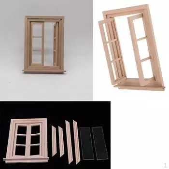 3x 1/12 неокрашенная деревянная кукольная миниатюра с 6-панельным окном