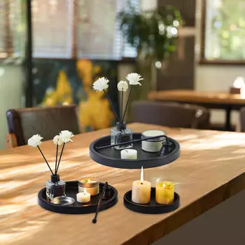 3x круглый поднос, подсвечник, современная сервировка для журнального столика, ванной комнаты, столовой