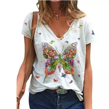 3XL Летняя женская хлопковая футболка с бабочкой, короткий рукав, V-образный вырез, модная женская уличная повседневная свободная женская футболка большого размера S