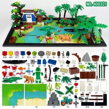 400321 Выживание в дикой природе, мелкие частицы, собранные строительные блоки, игрушка-сцена, животное, крокодил, медведь, креветка, рыба, детская игрушка