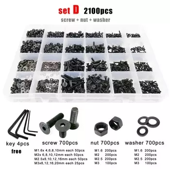 400/2100pcs M1.6 M2 M2.5 M3 M4 M5 Black Grade 10.9 Steel Hex Hexagon Socket Flat Countersunk Head Screw Bolt Nut Washer Set Kit