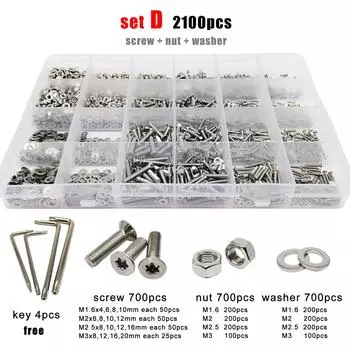 400/650/2100X M1.6 M2 M2.5 M3 M4 M5 304 Stainless Steel Torx Flat Countersunk Head Screw Bolt Nut Washer Set Assortment Kit Box