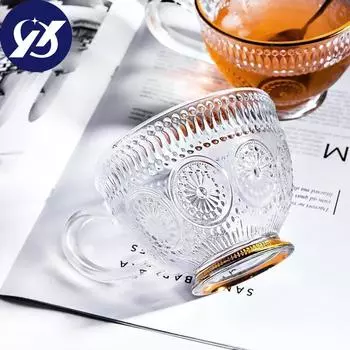 400 мл Европейская стеклянная чашка в стиле ретро с тиснением подсолнечника, чашка для молока для завтрака, ручка с защитой от ожогов, чашка для чая, кофе, чашка для молочного коктейля, сока для вечеринки 400ml