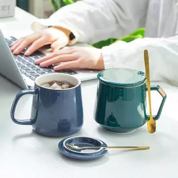 400 мл европейский стиль светлая роскошная керамическая кружка с золотой росписью зеленая кофейная чашка с крышкой и ложкой молочная чашка праздничные подарки для пары 301-400ml синий
