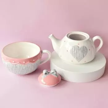 400 мл керамический чайный набор для одного человека Kawaii Bowknot Teapot Tea Cup Set Pink Wool Knitting Coffee Кружка для микроволновой печи Two-piece Set