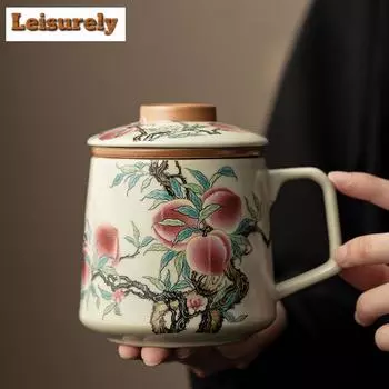 400 мл китайский фарфоровый фильтр для чая, чашка для отделения чая, девять персиковых чашек для офиса, может питать личные чашки с ручкой, посуда для питья