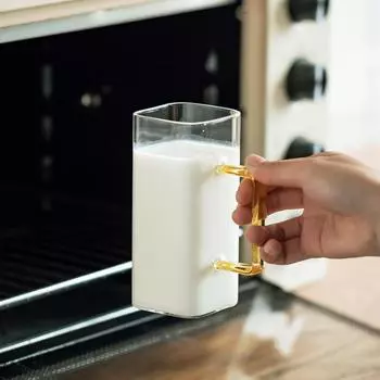 400 мл квадратная прозрачная стеклянная кружка для завтрака, молока, кофе, кружка для микроволновки, вечеринки, пива с золотисто-зеленой ручкой 400ml