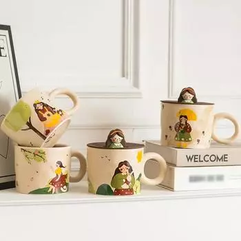 400 мл Милая девушка ретро керамическая кружка с крышкой кофейная чашка персонализированный завтрак молочная чашка праздничный подарок пара стаканов для воды офис 301-400ml