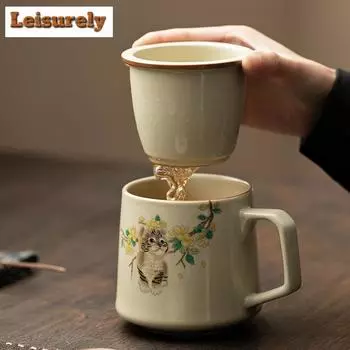 400 мл милый кот Ru печь фарфор офисная рабочая чашка антикварный фильтр чайный сепаратор чашка может питательная личная кружка для воды с крышкой