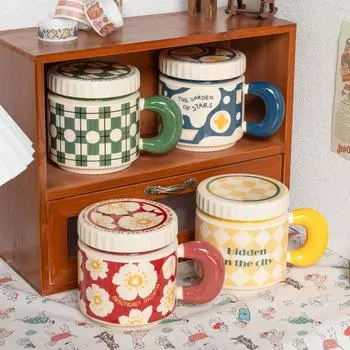 400 мл модная керамическая кружка с цветком и крышкой, креативная ручная роспись, чашка для кофе, чая, молока, завтрака, хороший подарок 400ml зелёный