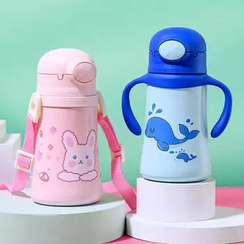 400 мл портативный детский термос с трубочкой и ремешком из нержавеющей стали 316 герметичный мультяшный милый термос кружка студенческий стакан 360ml синий