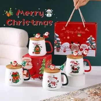 400 мл Рождественская керамическая кружка с деревянной крышкой, ложкой, подарочный набор, чашка с молоком, кофе, Санта, снеговик, лось, подарочная коробка, керамическая чашка, Новый год 400ml