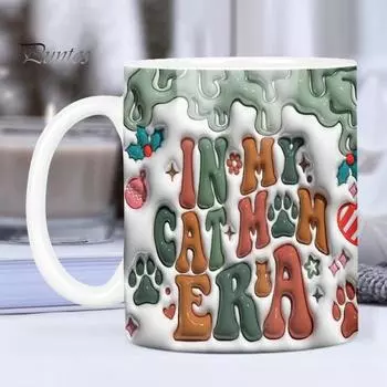 400 мл Рождественская кружка «Кошка, мама, собака, мама», 3D плоский дизайн, художественные принты, большая ручка, толстая кофейная кружка яркого цвета M3