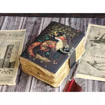 400 - Страничный кожаный блокнот с принтом лисы – Книга заклинаний, Журнал Книга теней | Толстый винтажный блокнот для женщин, художника | Журналы в подарок 8 x 6 in