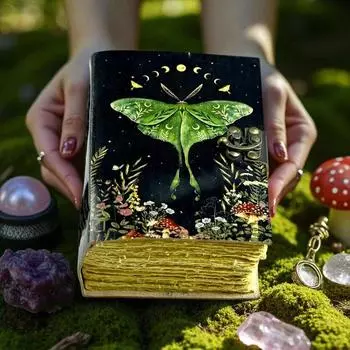 400-страничный кожаный журнал «Лунный мотылек» – Большой винтажный гримуар, Книга теней для записей заклинаний, Записная книжка для ведьм, Небесный подарок для нее/него 7 x 5 in